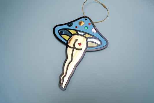 Blue and Rainbow Mushroom Lady Tree Ornament