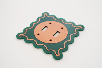 [Wood and Dark Green] Wavy Decorative Light Switch Covers [Double Toggle]