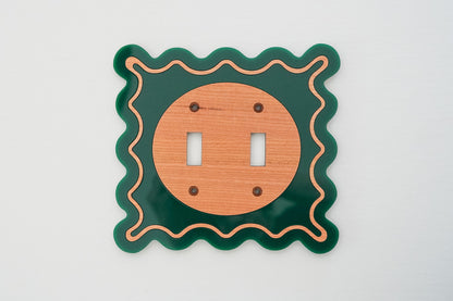 [Wood and Dark Green] Wavy Decorative Light Switch Covers [Double Toggle]