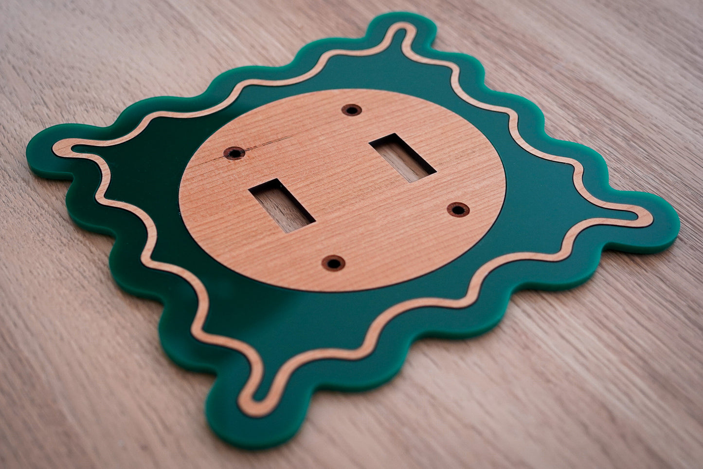 [Wood and Dark Green] Wavy Decorative Light Switch Covers [Double Toggle]