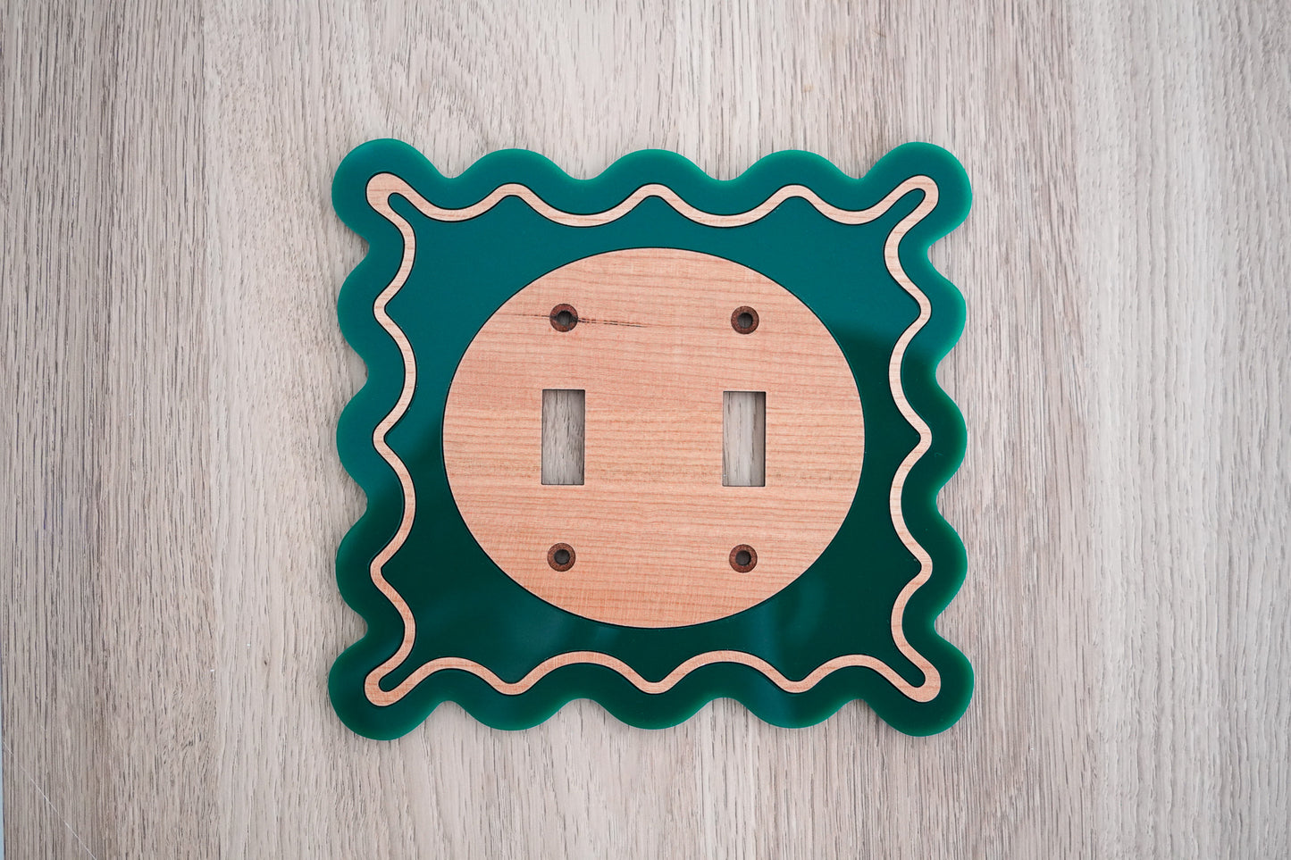 [Wood and Dark Green] Wavy Decorative Light Switch Covers [Double Toggle]