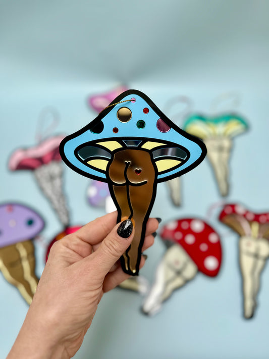 Blue and Rainbow Mushroom Lady Tree Ornament